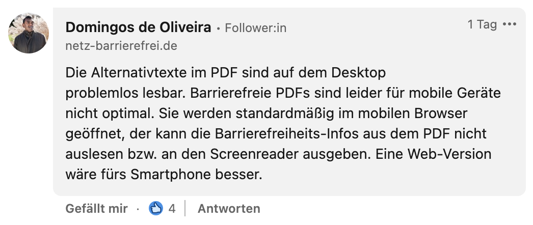 Abbildung 17: Kommentar von Domingos de Oliveira auf LinkedIn